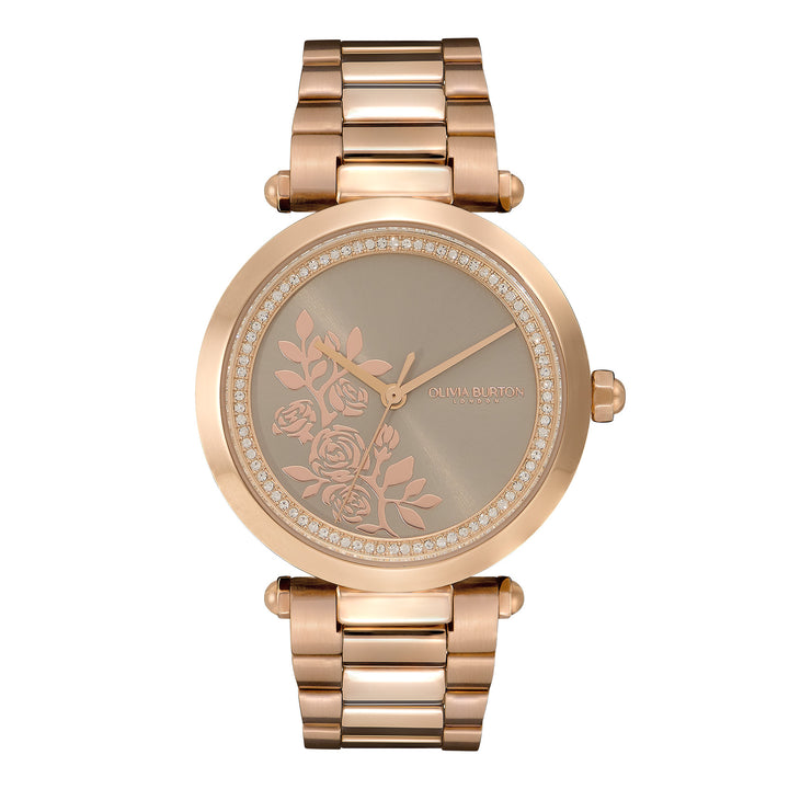 Olivia Burton Rose Gold Floral T-Bar Grey Dial Watch