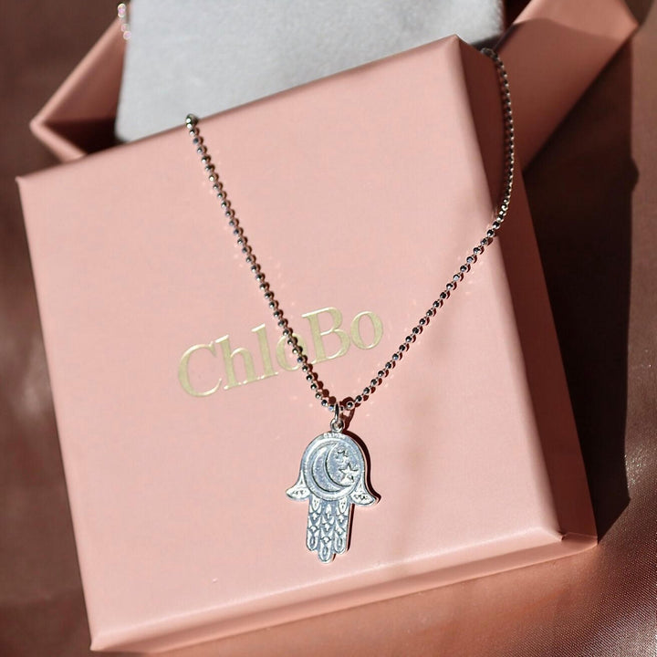 ChloBo Silver Diamond Cut Chain with Moon & Star Hamsa Hand Necklace - MococoChloBoSCDC16555060436641463Necklaces